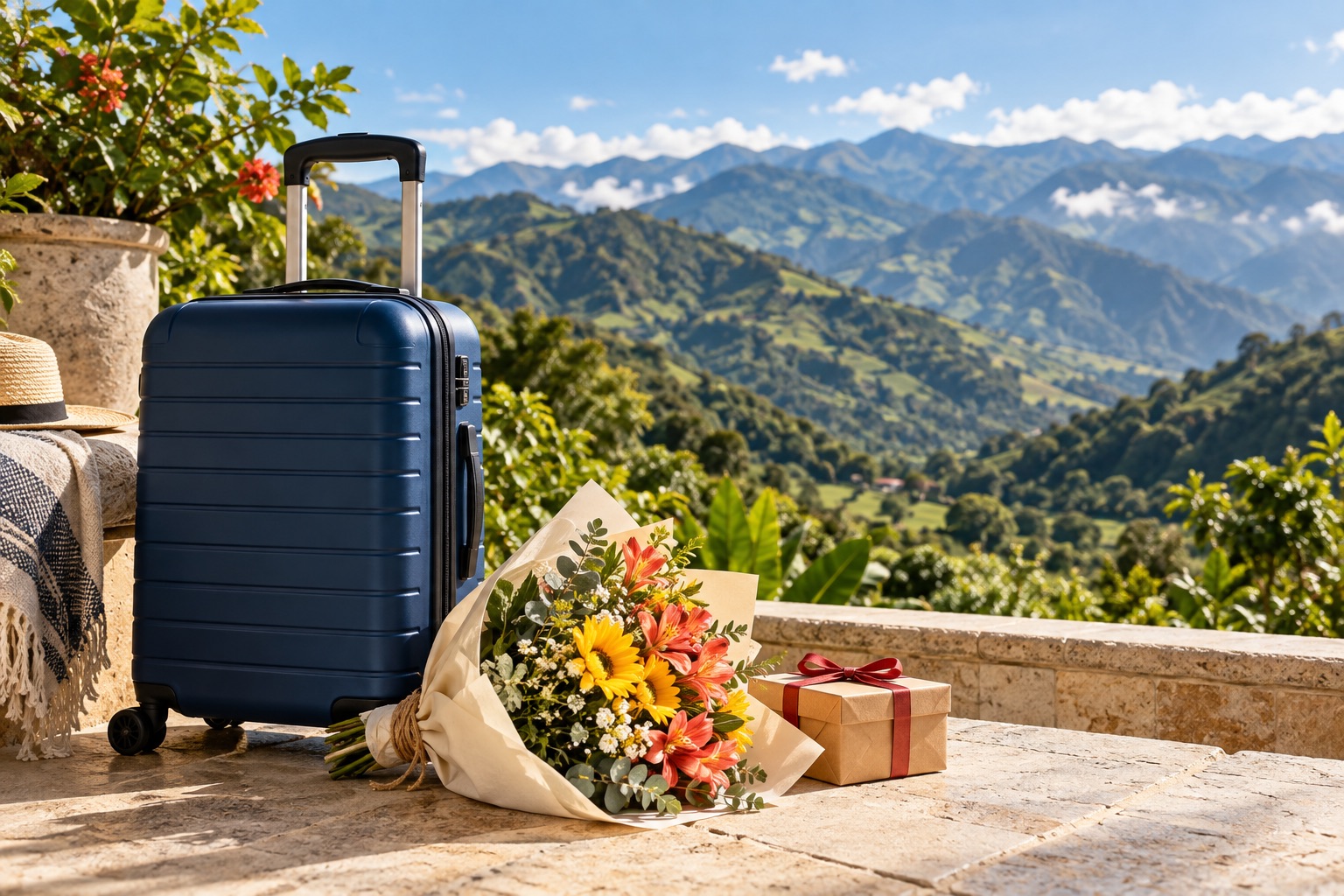 Composición ilustrativa de una maleta, flores y un regalo junto a un paisaje de montaña